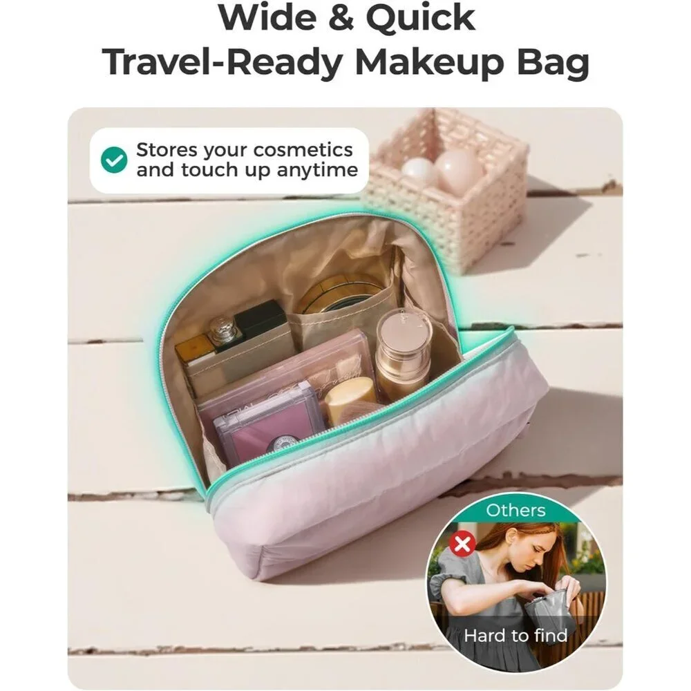 Travel Makeup Bag, Wide Opening Cosmetic Bag Compact & Spacious, Water-Resistant